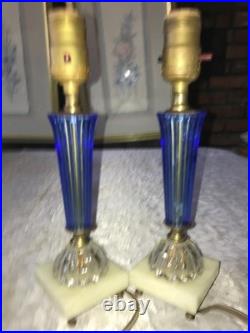 2/Pair RARE Vintage BLUE 3D Rib GLASS Marble Base ART DECO 11 Tall TABLE LAMPS