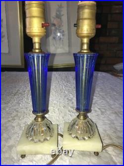 2/Pair RARE Vintage BLUE 3D Rib GLASS Marble Base ART DECO 11 Tall TABLE LAMPS