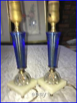 2/Pair RARE Vintage BLUE 3D Rib GLASS Marble Base ART DECO 11 Tall TABLE LAMPS
