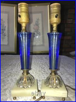 2/Pair RARE Vintage BLUE 3D Rib GLASS Marble Base ART DECO 11 Tall TABLE LAMPS