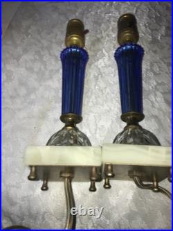 2/Pair RARE Vintage BLUE 3D Rib GLASS Marble Base ART DECO 11 Tall TABLE LAMPS 2/Pair RARE Vintage BLUE 3D Rib GLASS Marble Base ART DECO 11 Tall TABLE LAMPS