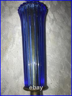 2/Pair RARE Vintage BLUE 3D Rib GLASS Marble Base ART DECO 11 Tall TABLE LAMPS