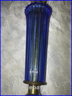 2/Pair RARE Vintage BLUE 3D Rib GLASS Marble Base ART DECO 11 Tall TABLE LAMPS