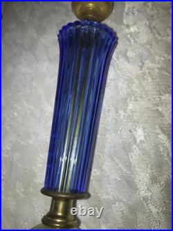 2/Pair RARE Vintage BLUE 3D Rib GLASS Marble Base ART DECO 11 Tall TABLE LAMPS