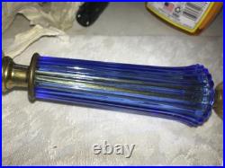 2/Pair RARE Vintage BLUE 3D Rib GLASS Marble Base ART DECO 11 Tall TABLE LAMPS