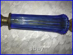 2/Pair RARE Vintage BLUE 3D Rib GLASS Marble Base ART DECO 11 Tall TABLE LAMPS