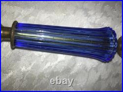 2/Pair RARE Vintage BLUE 3D Rib GLASS Marble Base ART DECO 11 Tall TABLE LAMPS