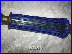2/Pair RARE Vintage BLUE 3D Rib GLASS Marble Base ART DECO 11 Tall TABLE LAMPS