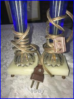 2/Pair RARE Vintage BLUE 3D Rib GLASS Marble Base ART DECO 11 Tall TABLE LAMPS