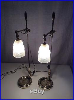 2 Schneider 1930 Signed Art Deco Bronze Table Lamp French Light Pair (two)