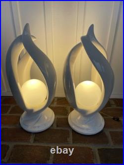 2 Sculptural Flame Helix Table Lamps MCM Art Deco Vtg White Sphere Globe 22h
