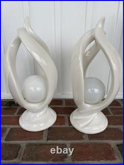 2 Sculptural Flame Helix Table Lamps MCM Art Deco Vtg White Sphere Globe 22h