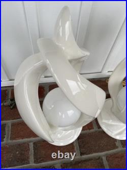 2 Sculptural Flame Helix Table Lamps MCM Art Deco Vtg White Sphere Globe 22h