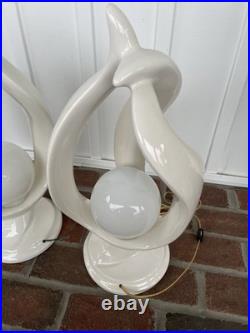 2 Sculptural Flame Helix Table Lamps MCM Art Deco Vtg White Sphere Globe 22h