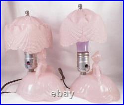 2 Southern Belle Lamps Pink Glass Lady Shell Shade Bedroom Boudoir Art Deco