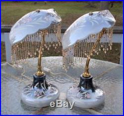2 Vintage Antique Art Deco Silver Luster Hand Painted Porcelain Gooseneck Lamps