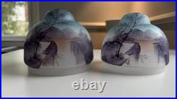 2 Vintage Glass Lamp Shade Set Reverse Hand Painted Lot Japanese Antique