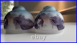 2 Vintage Glass Lamp Shade Set Reverse Hand Painted Lot Japanese Antique