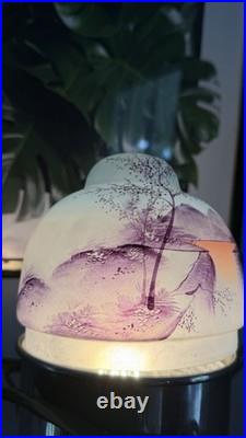 2 Vintage Glass Lamp Shade Set Reverse Hand Painted Lot Japanese Antique