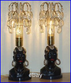 2 Vintage Jeweled Art Deco crystal African blackamoor Lamp Spelter Brass waterfa