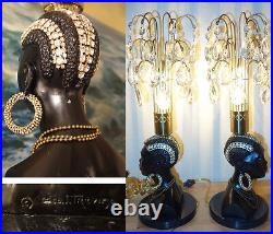 2 Vintage Jeweled Art Deco crystal African blackamoor Lamp Spelter Brass waterfa