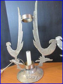 2 Vintage MCM Art Deco Metal Desk Table Lamps Silver Tone Roosters/Pheasants