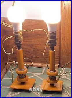 30s Art Deco Vintage Butterscotch Bakelite Candlestick Style Lamp Pair TESTED