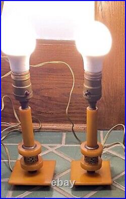 30s Art Deco Vintage Butterscotch Bakelite Candlestick Style Lamp Pair TESTED