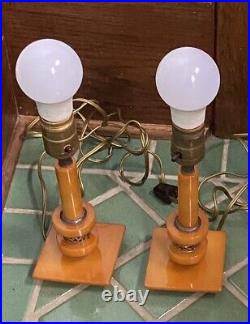 30s Art Deco Vintage Butterscotch Bakelite Candlestick Style Lamp Pair TESTED