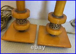30s Art Deco Vintage Butterscotch Bakelite Candlestick Style Lamp Pair TESTED