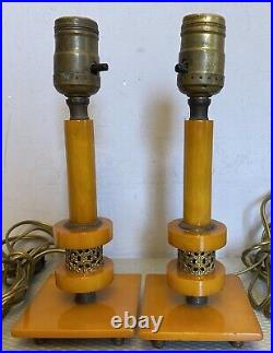 30s Art Deco Vintage Butterscotch Bakelite Candlestick Style Lamp Pair TESTED