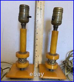 30s Art Deco Vintage Butterscotch Bakelite Candlestick Style Lamp Pair TESTED