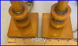 30s Art Deco Vintage Butterscotch Bakelite Candlestick Style Lamp Pair TESTED