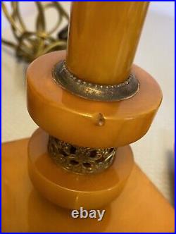 30s Art Deco Vintage Butterscotch Bakelite Candlestick Style Lamp Pair TESTED