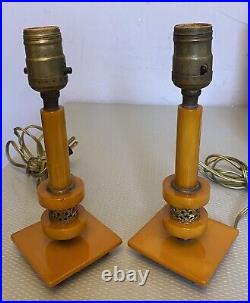 30s Art Deco Vintage Butterscotch Bakelite Candlestick Style Lamp Pair TESTED