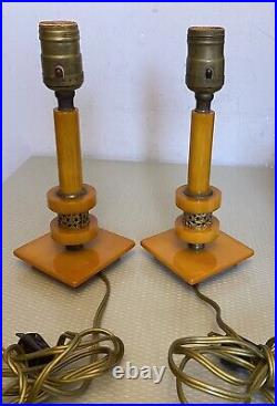 30s Art Deco Vintage Butterscotch Bakelite Candlestick Style Lamp Pair TESTED