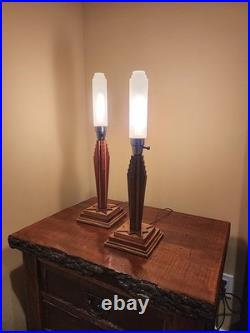 3 Piece Art Deco Skyscraper Bullet Torpedo Lamp Set Machine Age Frosted