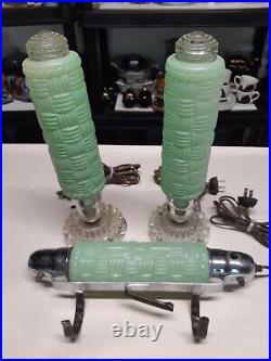 3 Vintage Art Deco Bullet Torpedo lamps green glass shades Headboard + bulbs