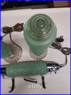 3 Vintage Art Deco Bullet Torpedo lamps green glass shades Headboard + bulbs