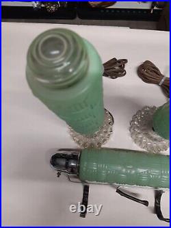 3 Vintage Art Deco Bullet Torpedo lamps green glass shades Headboard + bulbs