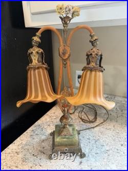 40s Rindsberger RMC Chicago Art Deco Twin Arm Table Lamp Green Gold Works Unique
