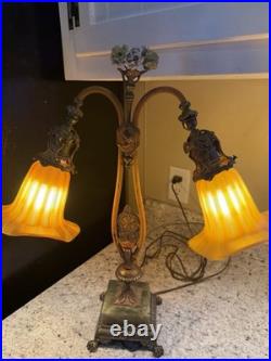 40s Rindsberger RMC Chicago Art Deco Twin Arm Table Lamp Green Gold Works Unique