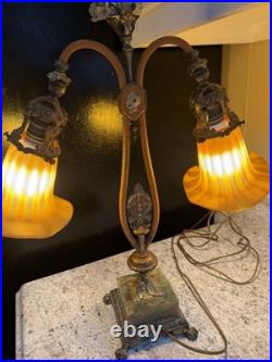 40s Rindsberger RMC Chicago Art Deco Twin Arm Table Lamp Green Gold Works Unique