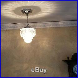 527b Vintage Antique arT Deco Ceiling Light Lamp Chrome Fixture Glass Hall Bath