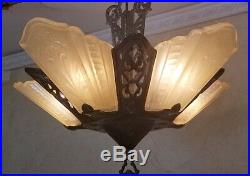 756b Antique arT Deco Ceiling Lamp Light Fixture Glass Slip Shade Chandelier