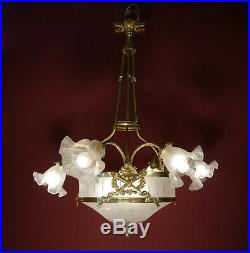 7 Light Classic Art Nouveau Lamp Chandelier Shiny Brass Antique Lustre Glass