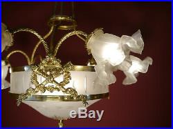 7 Light Classic Art Nouveau Lamp Chandelier Shiny Brass Antique Lustre Glass