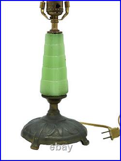 ANTIQUE ART DECO 30's SKYSCRAPER GREEN JADEITE GLASS BRONZE BASE BOURDOIR LAMP