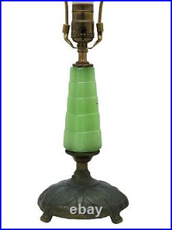 ANTIQUE ART DECO 30's SKYSCRAPER GREEN JADEITE GLASS BRONZE BASE BOURDOIR LAMP