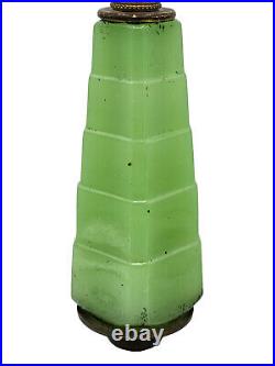 ANTIQUE ART DECO 30's SKYSCRAPER GREEN JADEITE GLASS BRONZE BASE BOURDOIR LAMP